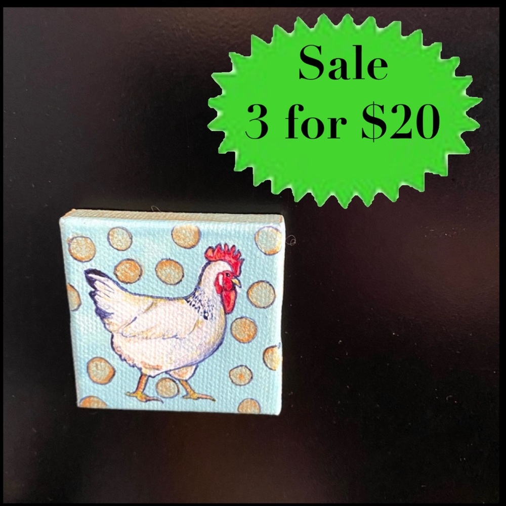 Hand painted mini art magnet rooster hen canvas gift country polka dots artwork